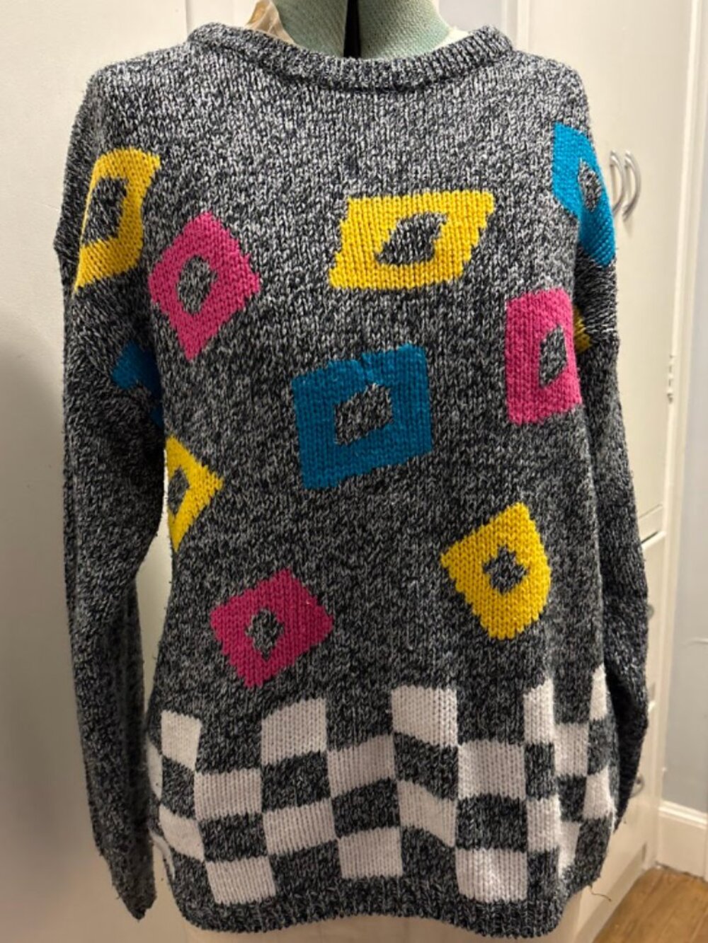 Vintage 80s Marled Checkerboard Geometric Knit Sweater L